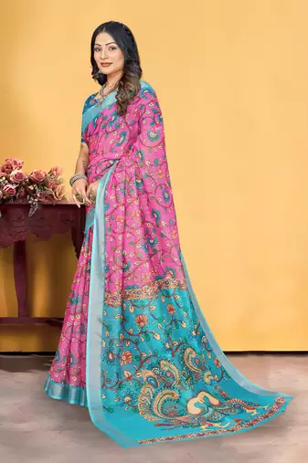 Pink Linen Digital Printed Saree With Blouse Piece 