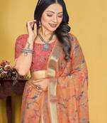  Orange Linen Digital Printed Saree With Blouse Piece