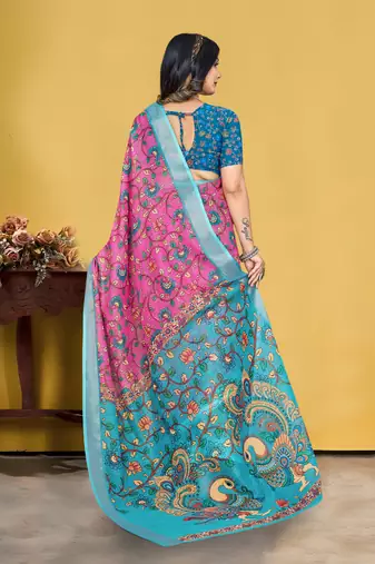 Pink Linen Digital Printed Saree With Blouse Piece 