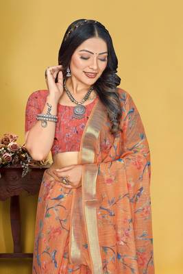  Orange Linen Digital Printed Saree With Blouse Piece 2