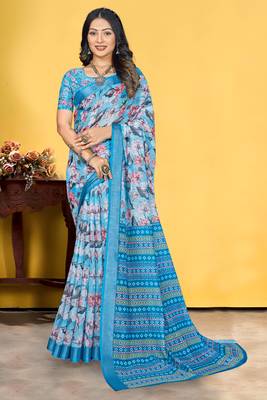 Blue Linen Digital Printed Saree With Blouse Piece  3