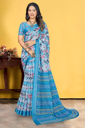 Blue Linen Digital Printed Saree With Blouse Piece 