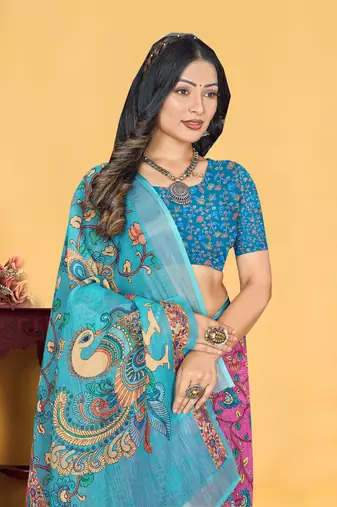 Pink Linen Digital Printed Saree With Blouse Piece 