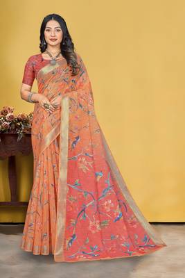  Orange Linen Digital Printed Saree With Blouse Piece 3