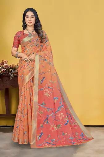  Orange Linen Digital Printed Saree With Blouse Piece
