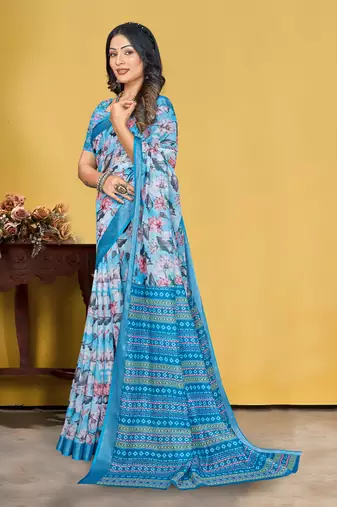 Blue Linen Digital Printed Saree With Blouse Piece 