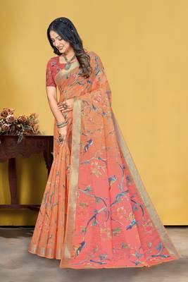  Orange Linen Digital Printed Saree With Blouse Piece 4