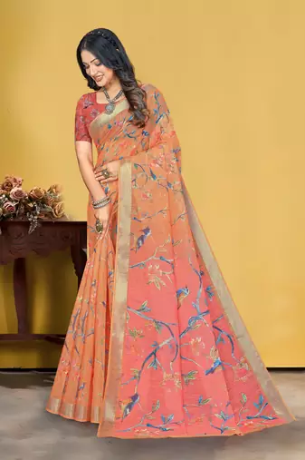  Orange Linen Digital Printed Saree With Blouse Piece