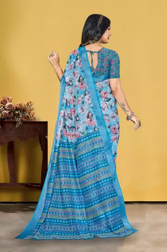 Blue Linen Digital Printed Saree With Blouse Piece 