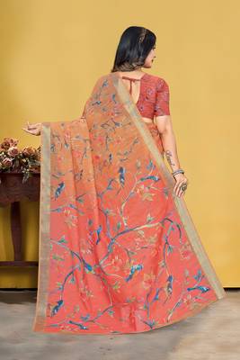  Orange Linen Digital Printed Saree With Blouse Piece 5