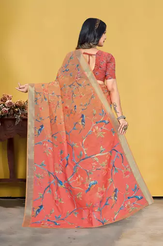  Orange Linen Digital Printed Saree With Blouse Piece