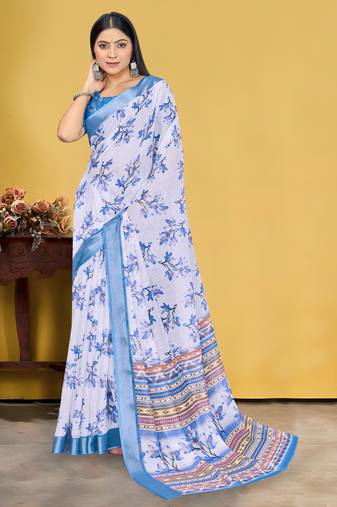  White and Blue Digital Printed Saree With Blouse Piece 