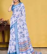  White and Blue Digital Printed Saree With Blouse Piece 
