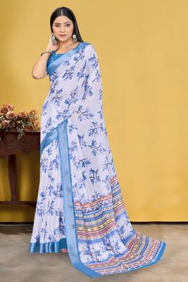 White and Blue Digital Printed Saree With Blouse Piece  2
