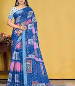  Blue Digital Printed Saree With Blouse Piece 
