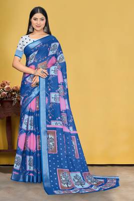  Blue Digital Printed Saree With Blouse Piece  2