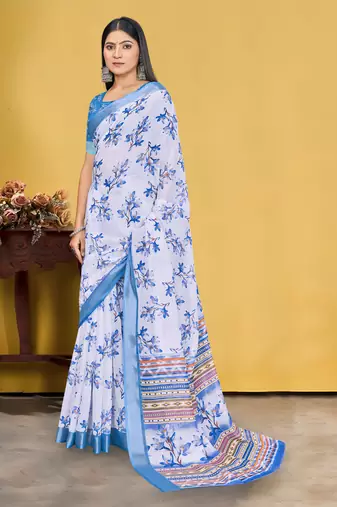  White and Blue Digital Printed Saree With Blouse Piece 