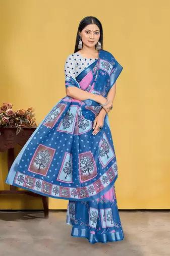  Blue Digital Printed Saree With Blouse Piece 