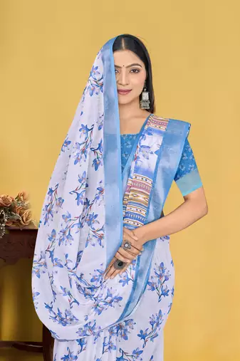  White and Blue Digital Printed Saree With Blouse Piece 