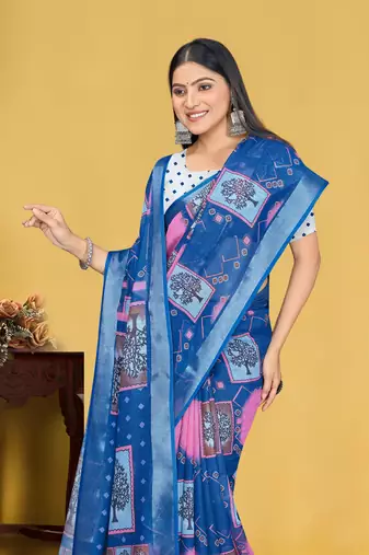  Blue Digital Printed Saree With Blouse Piece 