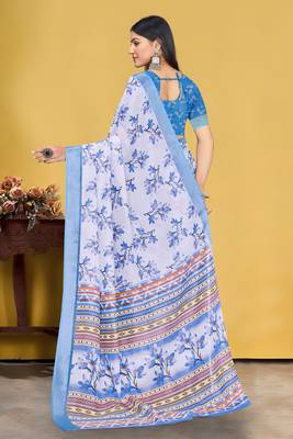  White and Blue Digital Printed Saree With Blouse Piece  5
