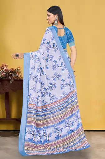  White and Blue Digital Printed Saree With Blouse Piece 