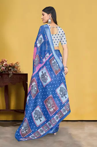  Blue Digital Printed Saree With Blouse Piece 