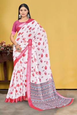  White and Pink Digital Printed Saree With Blouse Piece  1