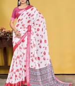  White and Pink Digital Printed Saree With Blouse Piece 