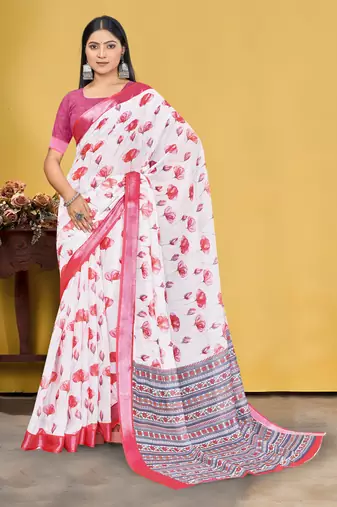  White and Pink Digital Printed Saree With Blouse Piece 