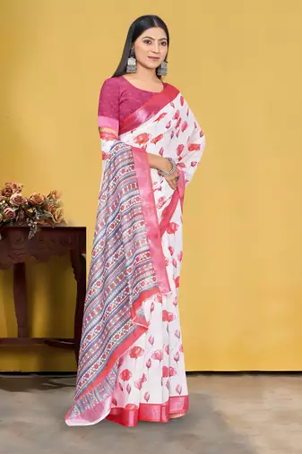  White and Pink Digital Printed Saree With Blouse Piece 
