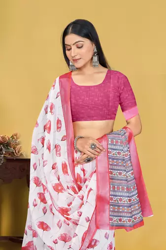  White and Pink Digital Printed Saree With Blouse Piece 