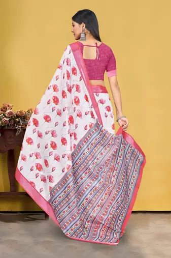  White and Pink Digital Printed Saree With Blouse Piece 