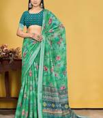  Green Digital Printed Saree With Blouse Piece 