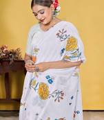 White Floral Digital Printed Linen Cotton Saree