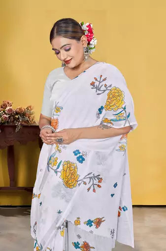  White Floral Digital Printed Linen Cotton Saree