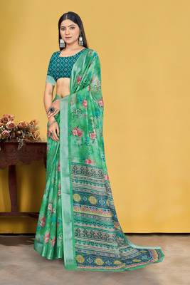  Green Digital Printed Saree With Blouse Piece  3