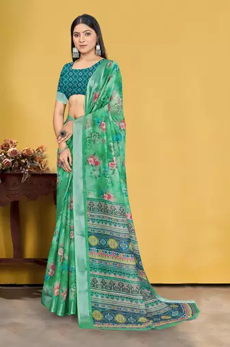  Green Digital Printed Saree With Blouse Piece 