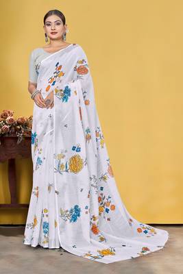  White Floral Digital Printed Linen Cotton Saree 3