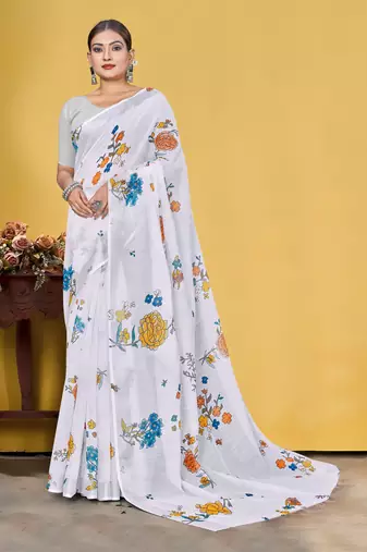  White Floral Digital Printed Linen Cotton Saree