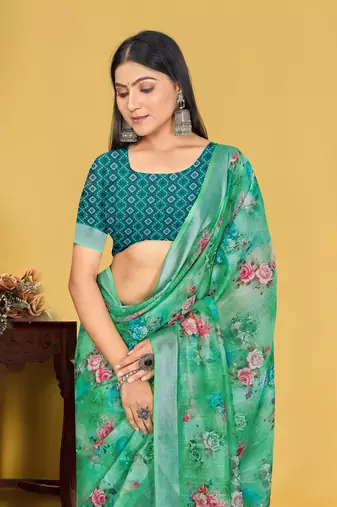  Green Digital Printed Saree With Blouse Piece 