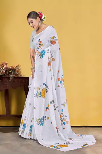  White Floral Digital Printed Linen Cotton Saree