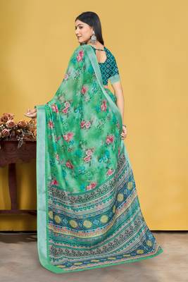  Green Digital Printed Saree With Blouse Piece  5