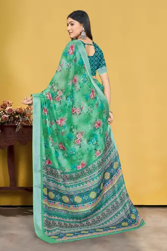  Green Digital Printed Saree With Blouse Piece 