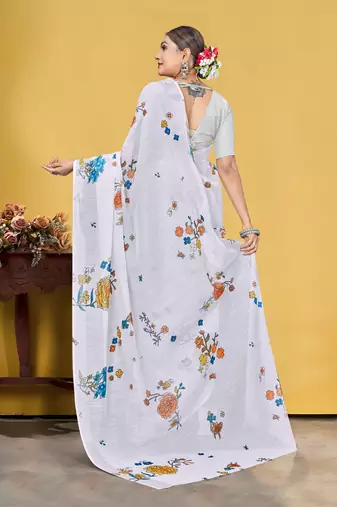  White Floral Digital Printed Linen Cotton Saree