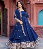 Navy blue faux georgette embroidered gown with pant and dupatta