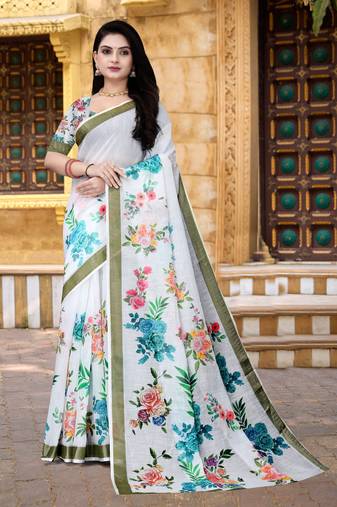  White Floral Digital Printed Saree