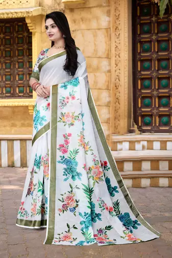  White Floral Digital Printed Saree