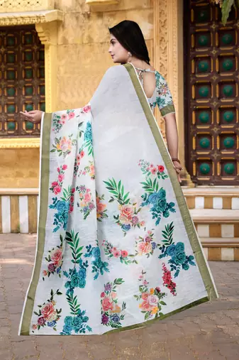  White Floral Digital Printed Saree