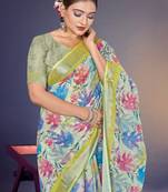  Green Leaf Digital Printed Linen Cotton Saree